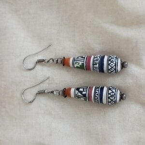 Hand-Painted Ceramic a d Sterling Silver Dangle Earrings
